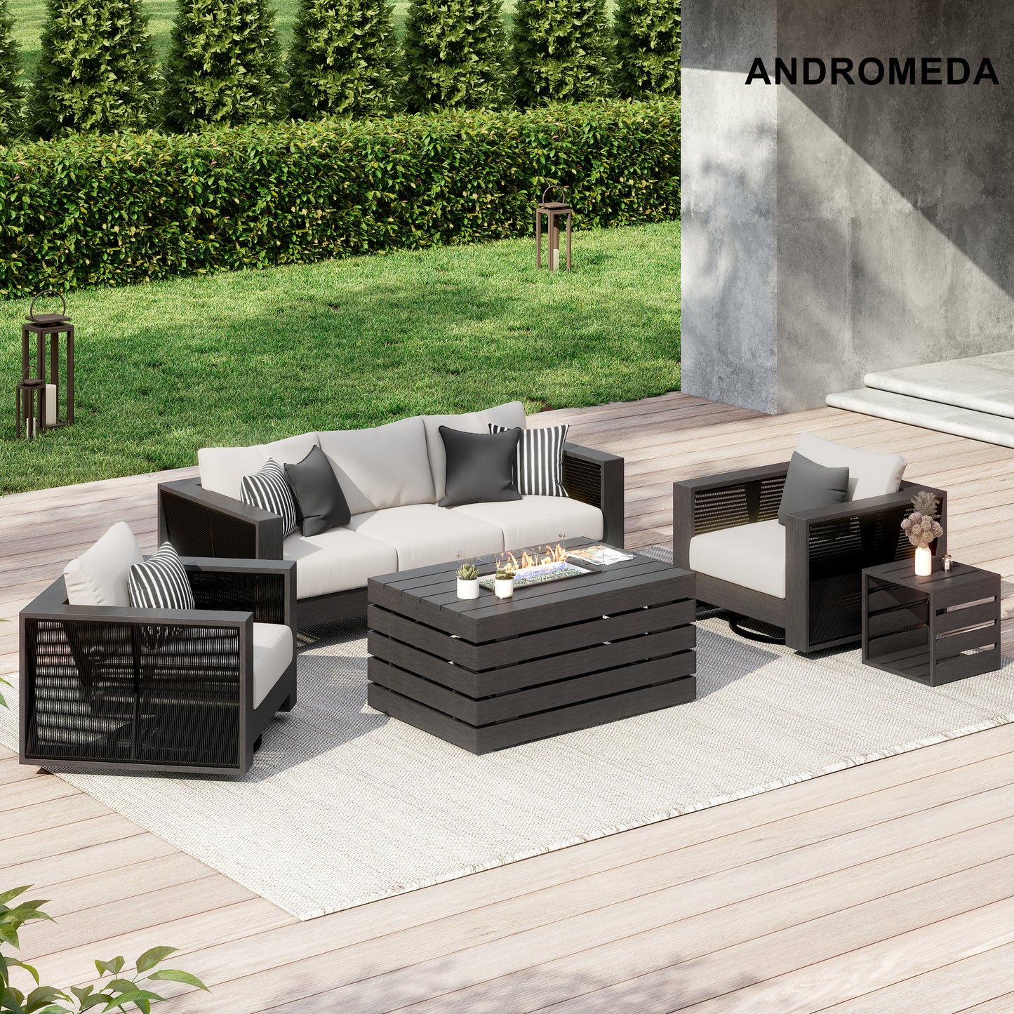 Andromeda Collection - Conversation Set With Fire Table and Sunbrella Cushions