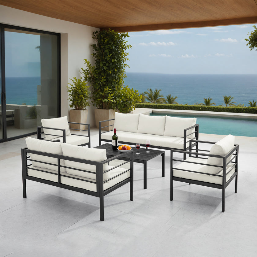 7-Person Steel Seating Set with Cushions